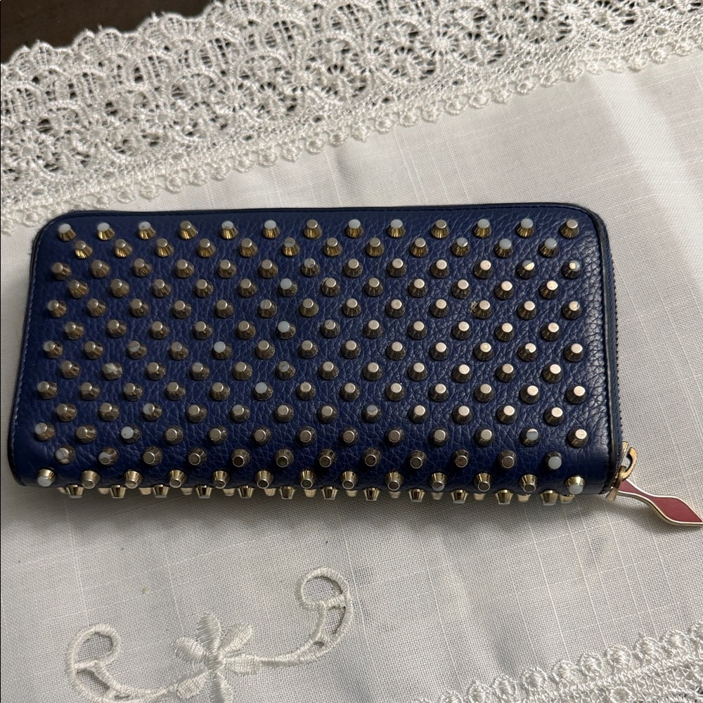 Authentic Christian Louboutin Navy Wallet with Silver Studs